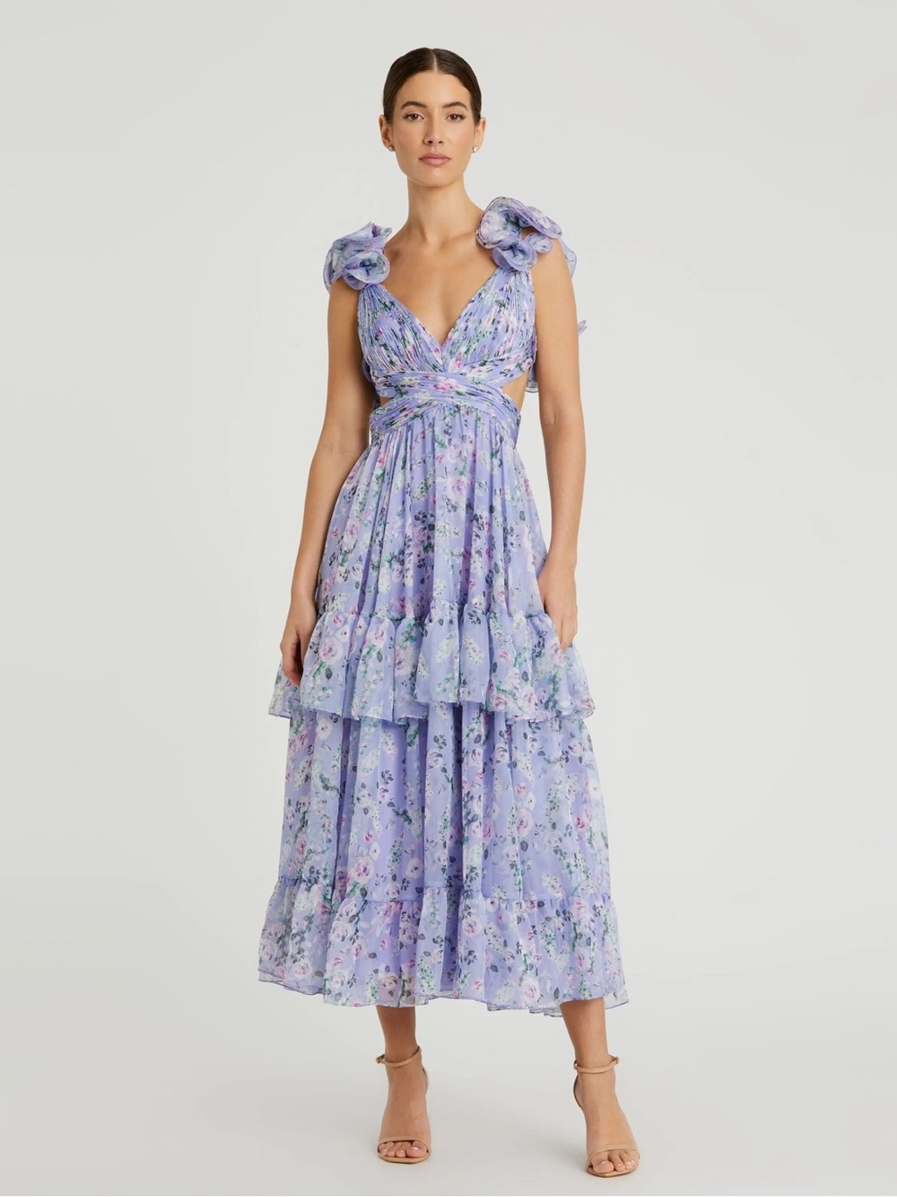Ieena for Mac Duggal Lilac Multi Purple Ruffle Tiered Floral Chiffon Midi Dress